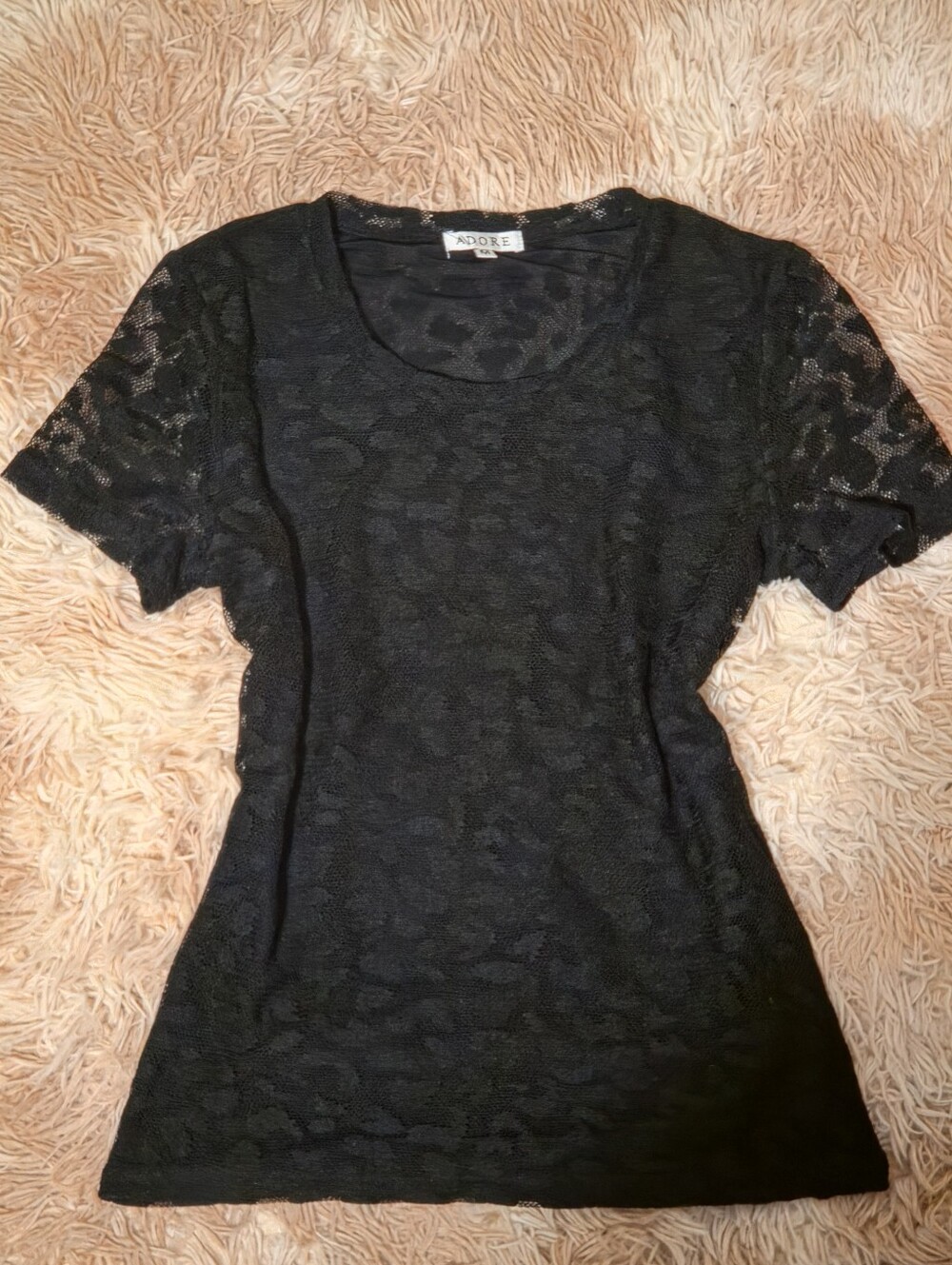 ADORE Black Lace Top Women's Size M Short Sleeve Scoop Neck Sheer Overlay Gothic